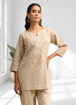 Thumbnail for Joban Fashion Beige Linen Embroidered Readymade Cord Set - Distacart
