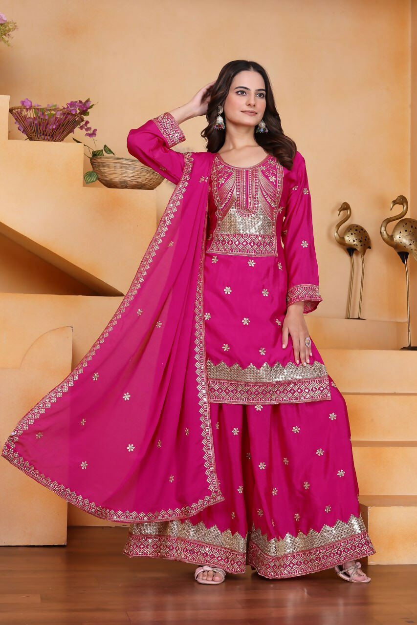 Teeya Creation Pink Color Chinon Silk Wedding Wear Trending Palazzo Set - Distacart