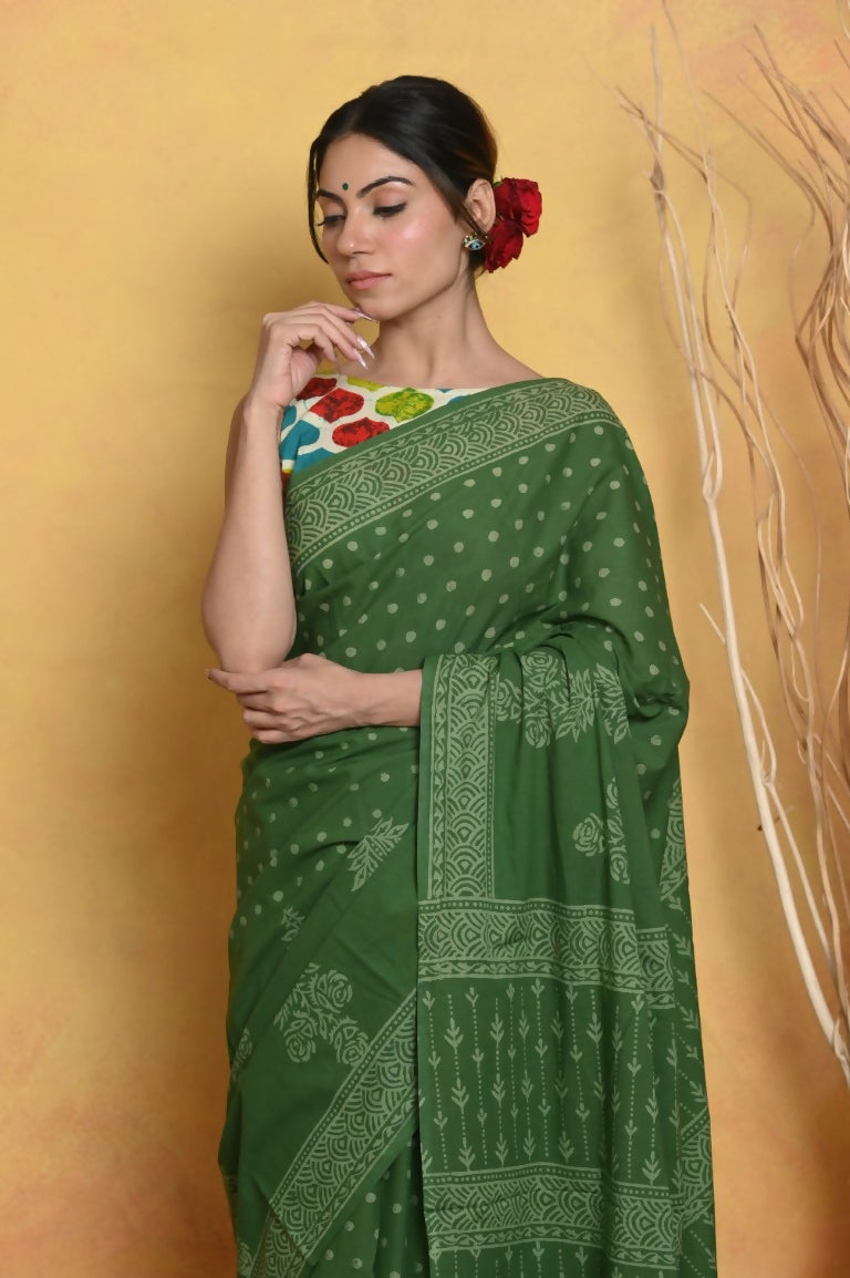 Very Much Indian Handblock Printed Cotton Saree With Natural Dyes - Green - Distacart
