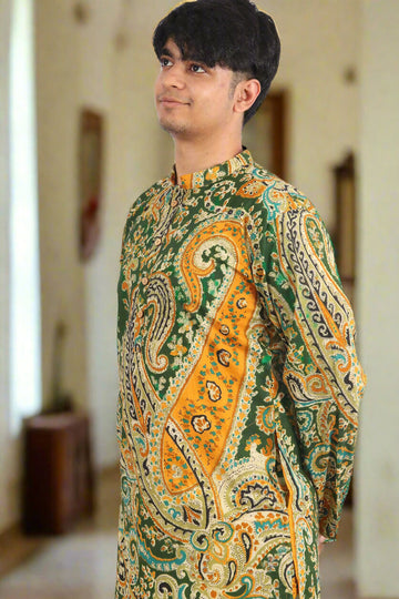Souchii Men Green & Mustard Pure Cotton Paisley Printed Straight Kurta - Dista