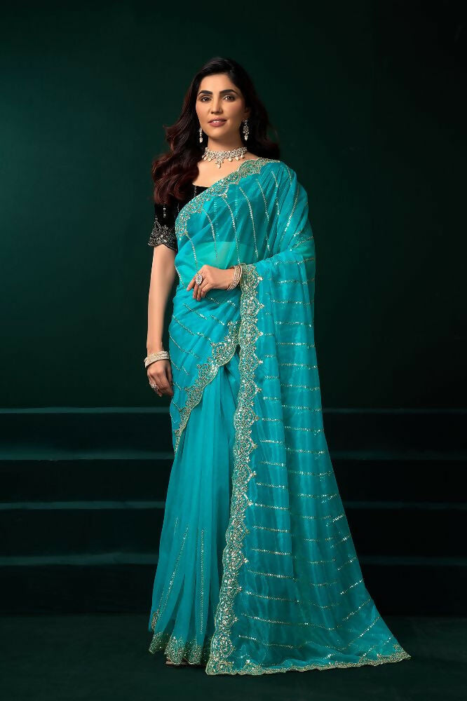 Joban Fashion Turquoise Blue Net Party Wear Sarees - Distacart