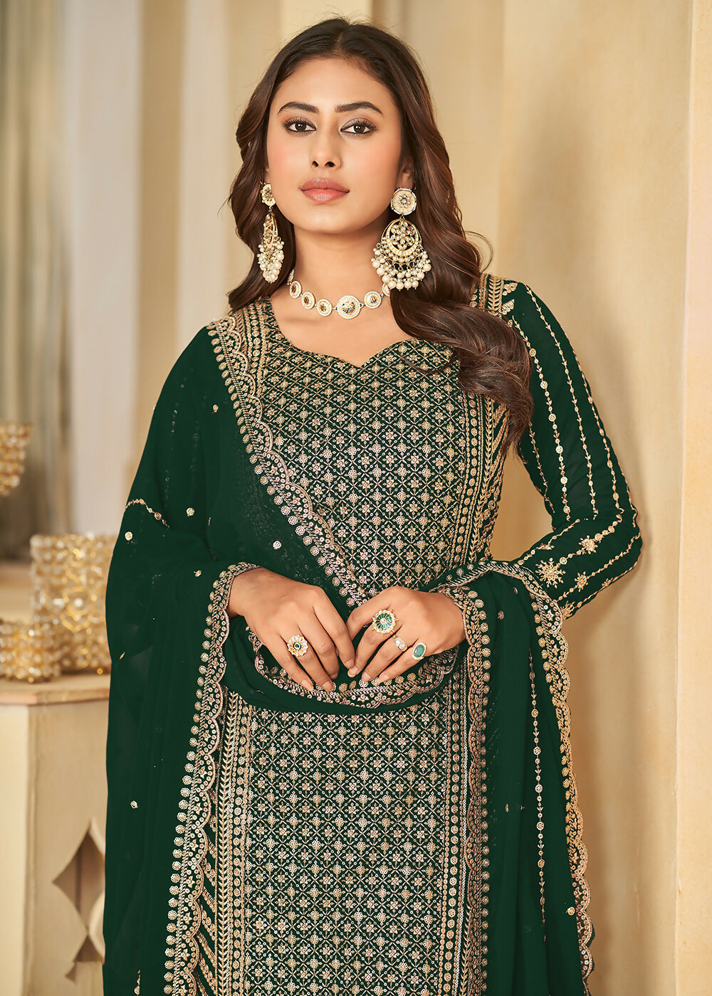 Mesmeric Green Faux Georgette Palazzo Suit with Embroidery - Emponline - Distacart