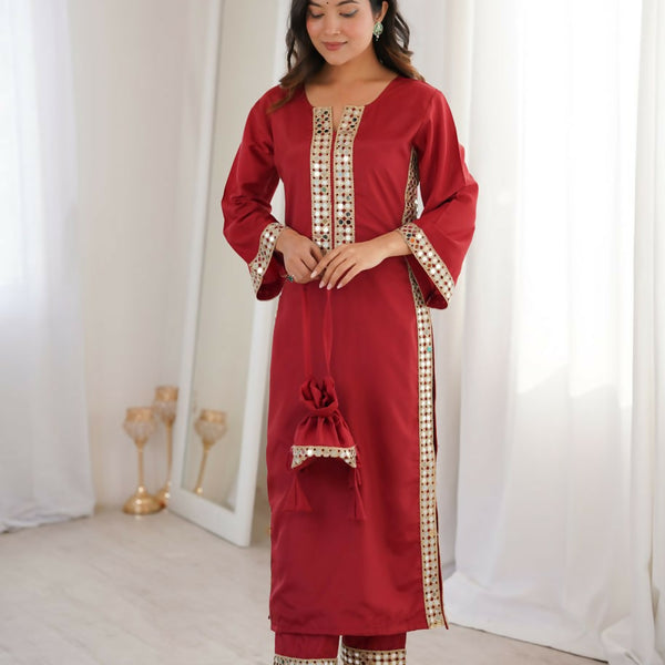 Teeya Creation Womens New Trending Maroon Color Natural Crepe With Real Mirror Lace Work Kurta Set - Dista