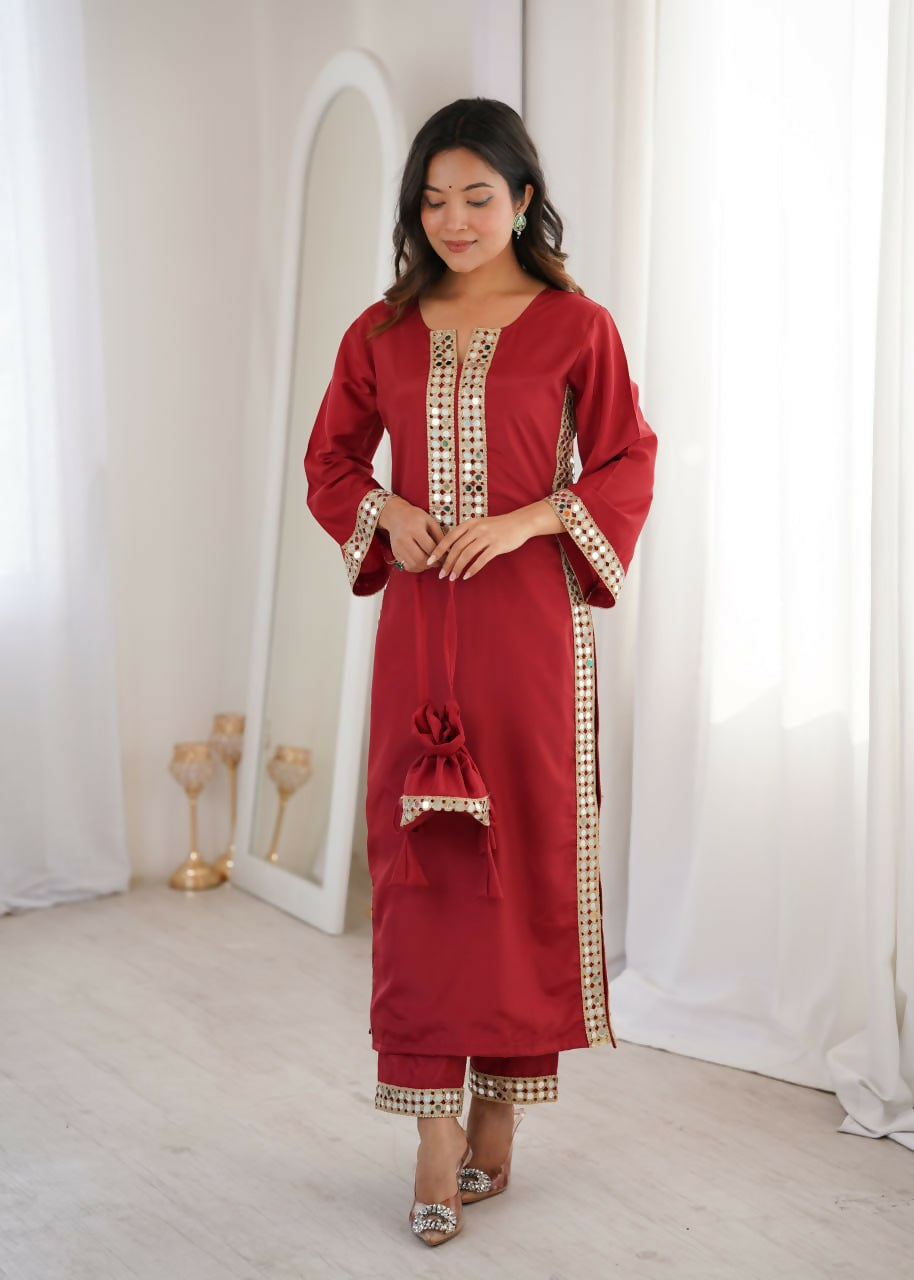 Teeya Creation Womens New Trending Maroon Color Natural Crepe With Real Mirror Lace Work Kurta Set - Dista