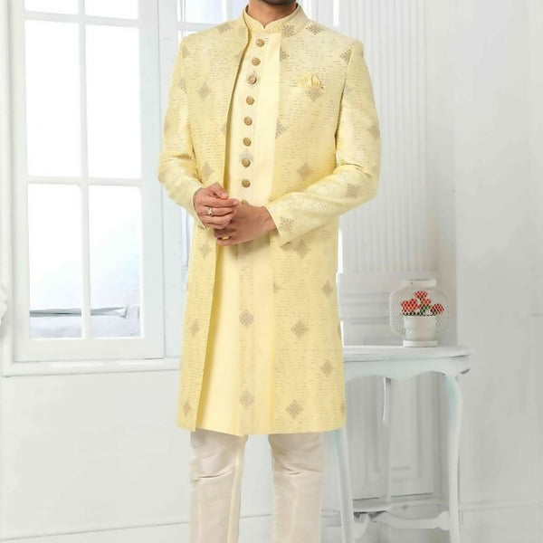 Raivat Ethnic Art Silk Embroidery Work 3 Pcs Indo Jacket Set In Yellow Colour