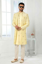 Thumbnail for Raivat Ethnic Art Silk Embroidery Work 3 Pcs Indo Jacket Set In Yellow Colour