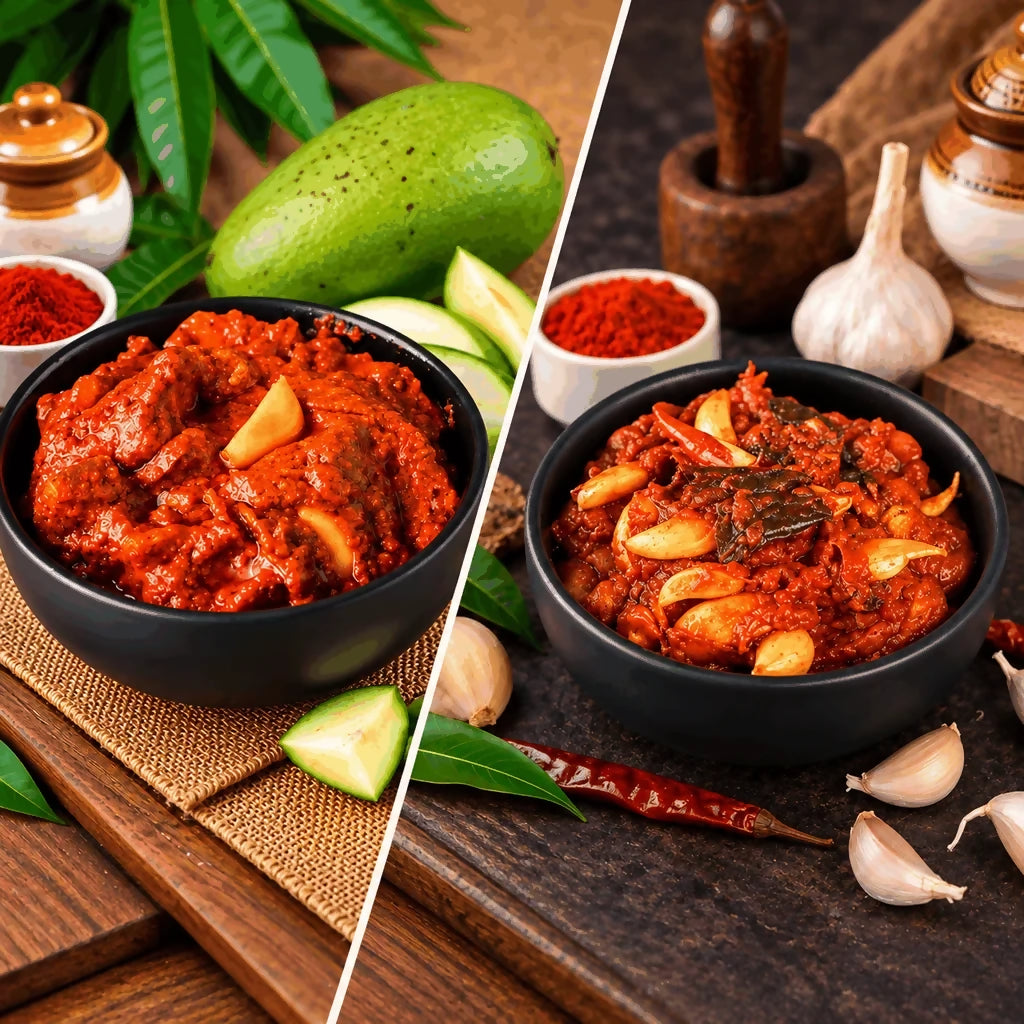 Tenali Ruchulu Pickles Combo: Mango Pickle + Garlic Pickle