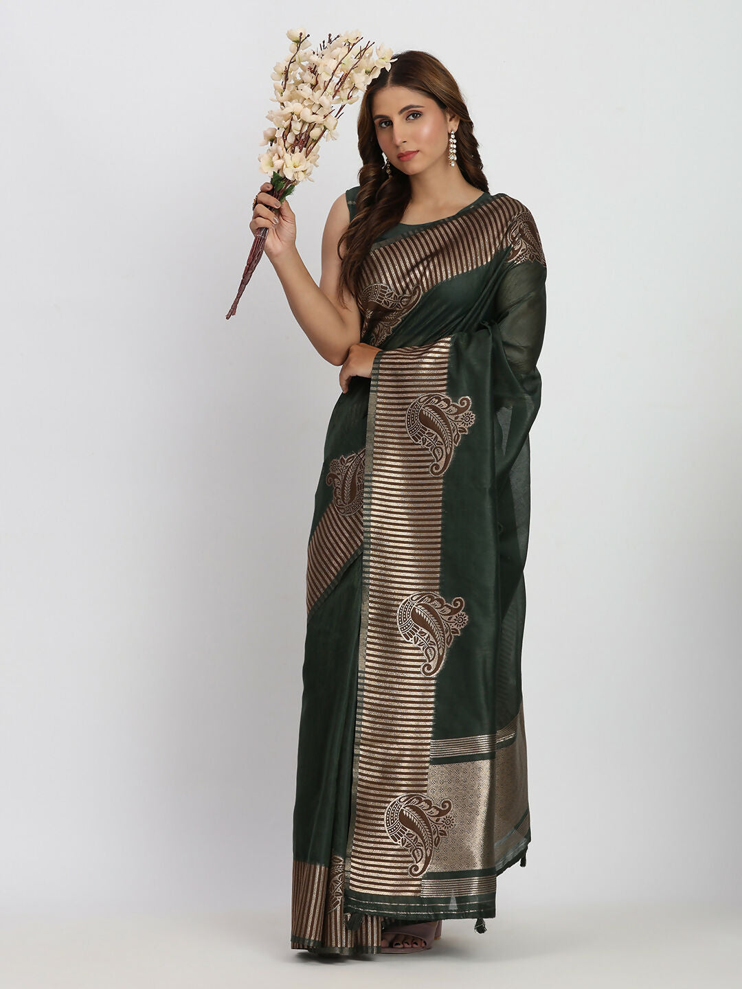 Astita Linen Cotton Dark Green Saree