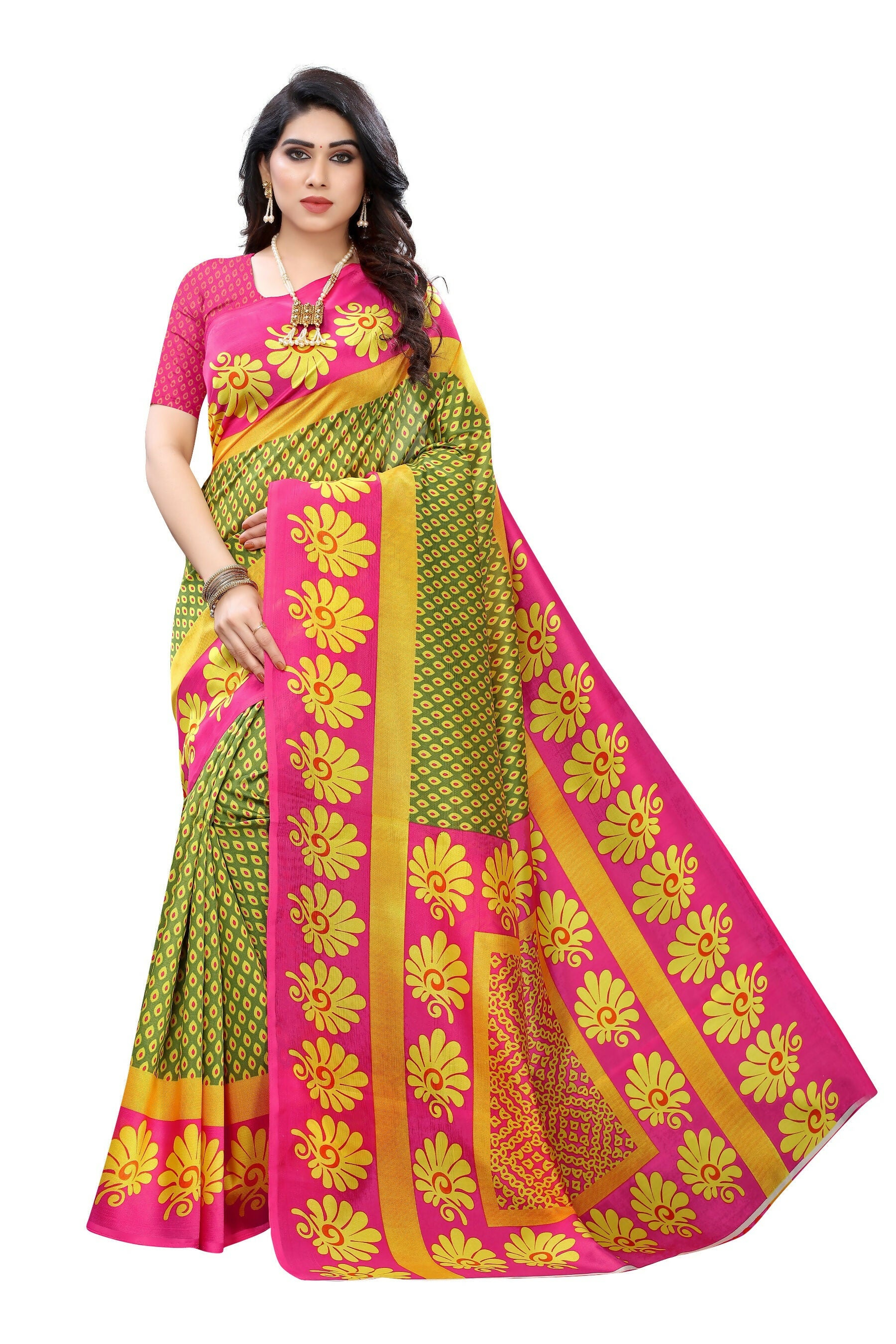 Vamika pink & green Printed Art Silk Saree - Distacart