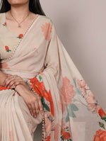 Thumbnail for Vastranavya Off White Weightless Marble and Floral Printed Georgette Saree with Unstitched Blouse - Distacart
