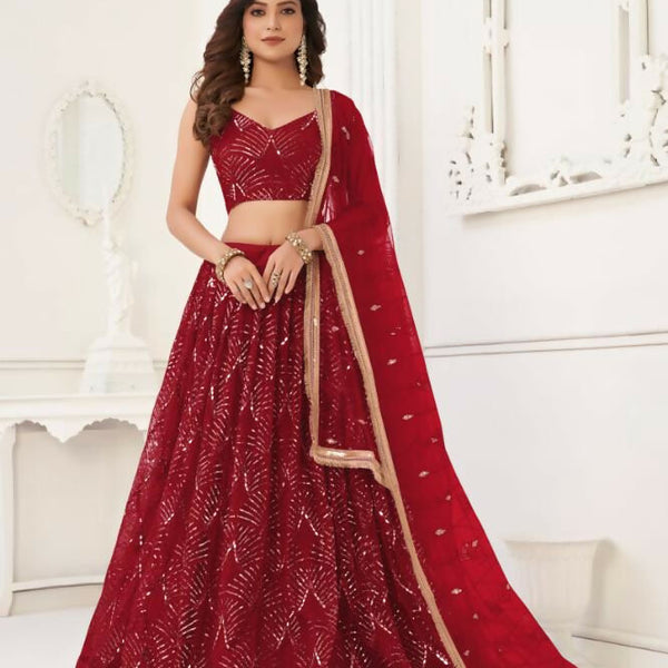 Aastha Fashion Maroon Butterfly Net Tone To Tone Thread Work, Sequence Work And Original Mirror Work Embroidery Wedding Wear Lehenga Choli - Distacart