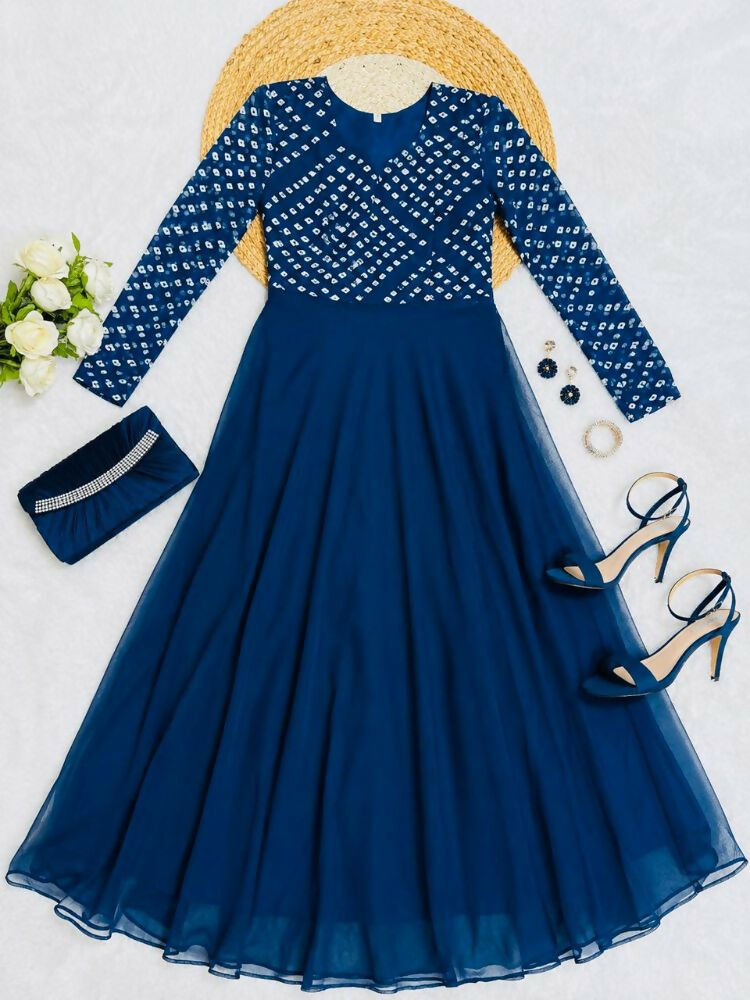 Teeya Creation Women's Teal Bandhani Print Anarkali Gown - Dista