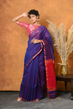 Thumbnail for Very Much Indian Handloom Pure Cotton Silk Saree With Sleek Golden Border - Indigo Blue - Distacart