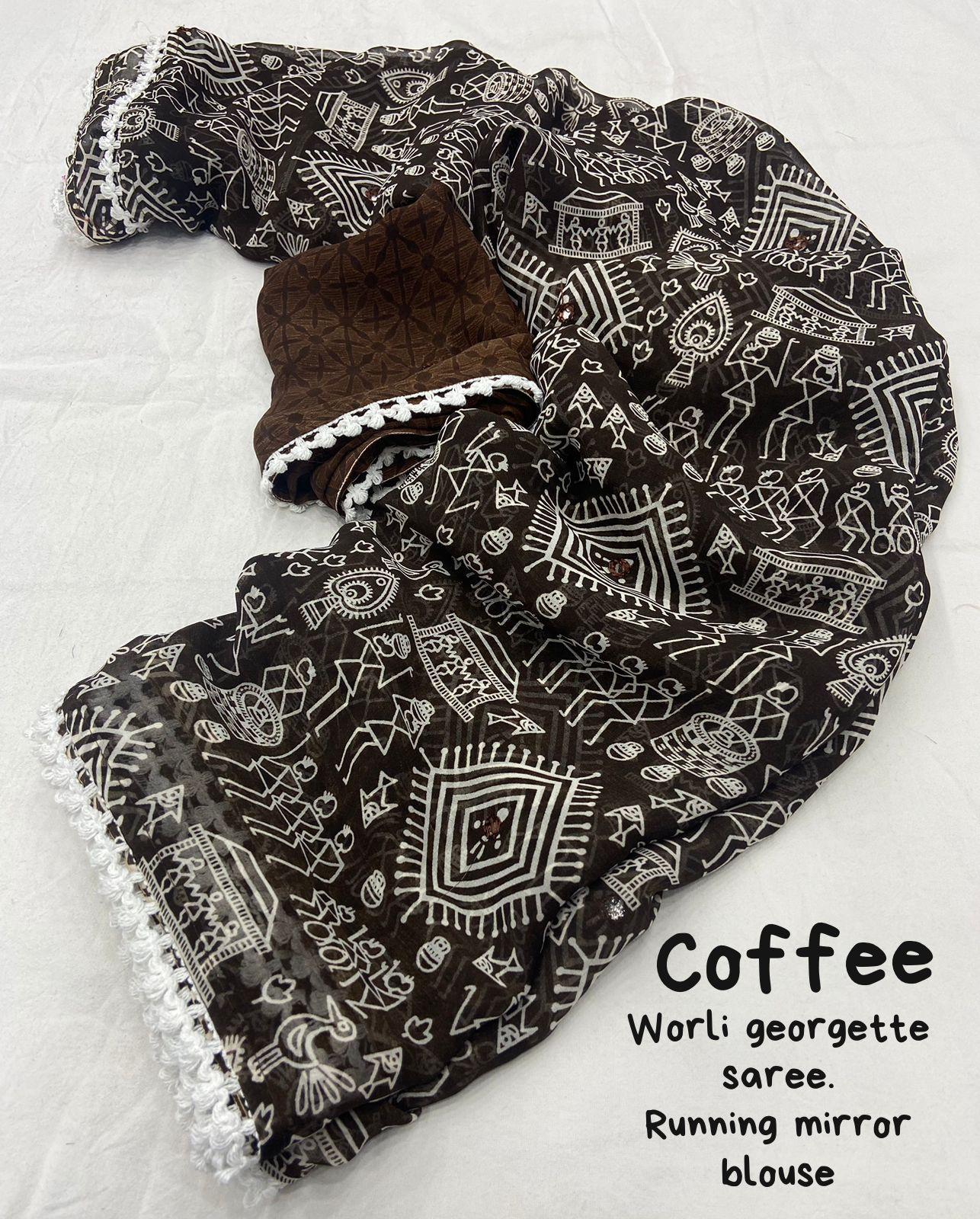 Coffee Poly Georgette Ethnic Motifs Saree with Unstitched Blouse - A2M