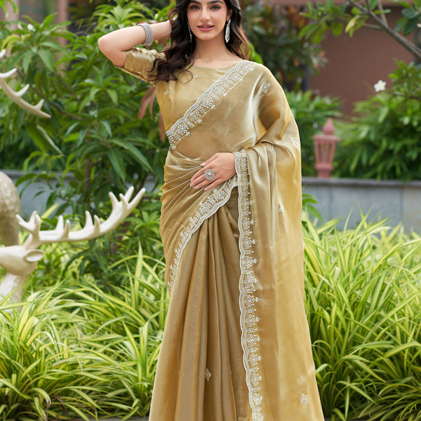 Vastranavya Beige Embroidery Work Shimmer Chiffon Saree with Unstitched Blouse - Distacart