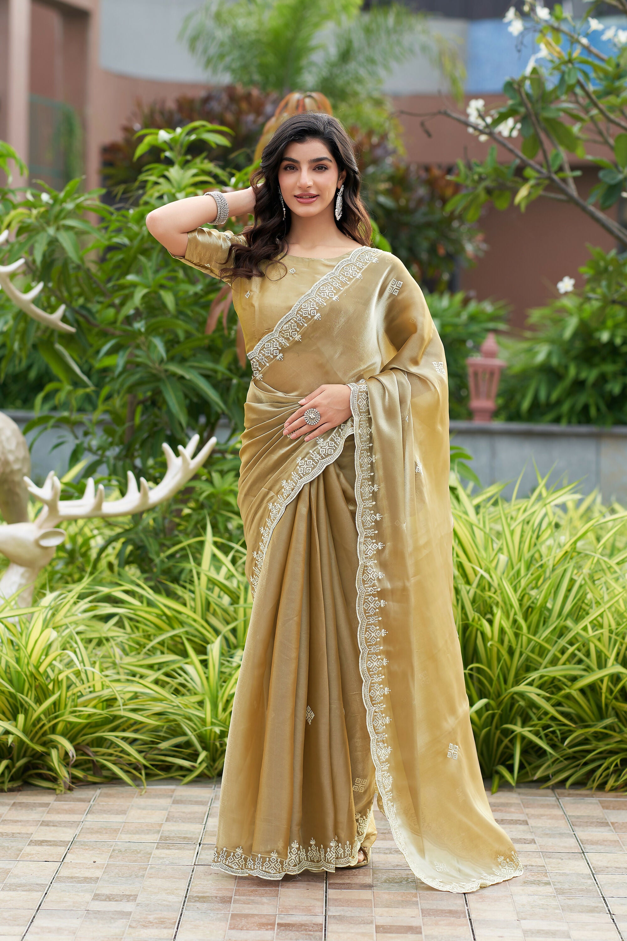 Vastranavya Beige Embroidery Work Shimmer Chiffon Saree with Unstitched Blouse - Distacart