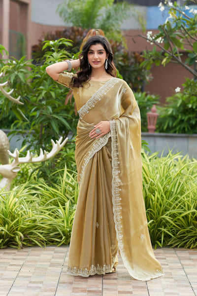 Vastranavya Beige Embroidery Work Shimmer Chiffon Saree with Unstitched Blouse