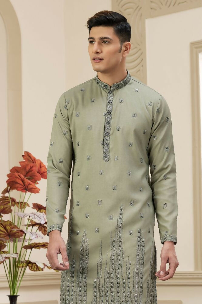 Raivat Ethnic Art Silk Thread Work Kurta Pajama In Green Colour