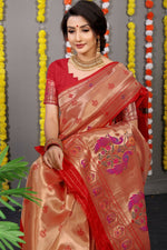 Thumbnail for Jyoti Fashion Women's Red Paithani Silk Zari Woven Saree with Blouse - Distacart