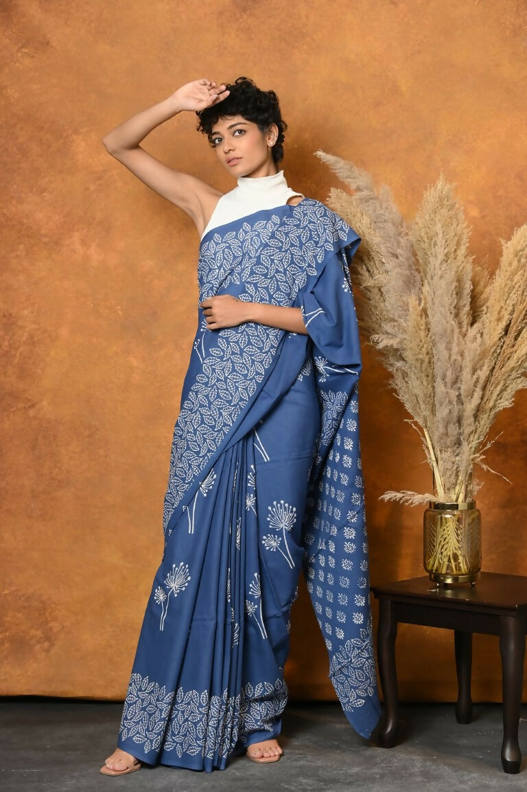 Very Much Indian Handblock Printed Cotton Saree With Natural Dyes - Cyan Blue - Distacart