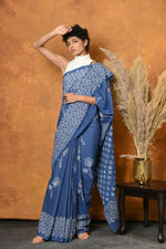 Thumbnail for Very Much Indian Handblock Printed Cotton Saree With Natural Dyes - Cyan Blue - Distacart