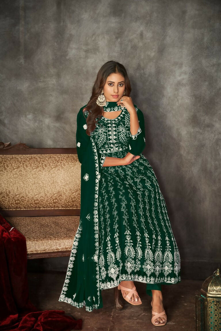 Jyoti Fashion Women's Green Net Embroidered Anarkali Kurta Pant Set With Dupatta - Distacart