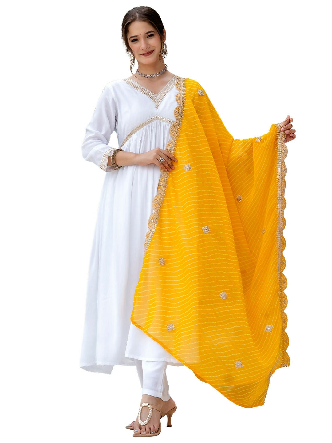 The52 White Women's Gorgeous Embroidered Chanderi Fabric Straight Kurta, Pant and Dupatta Set - Distacart
