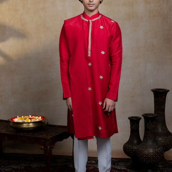 Falling Raw Silk Red Kumkuma Kurta Set By Hilo Design