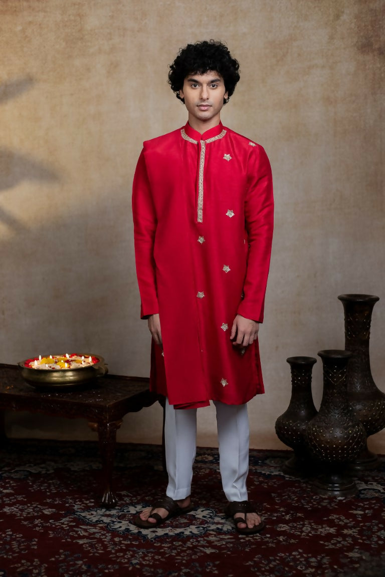 Falling Raw Silk Red Kumkuma Kurta Set By Hilo Design