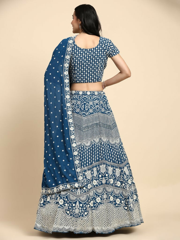 Teal Georgette Thread Embroidered Lehenga Choli with Dupatta - Tanya - Distacart