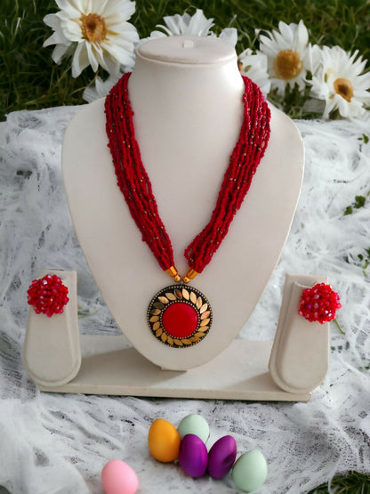 Inhanns All-Day Statement Beaded Necklace Set - Red - Distacart