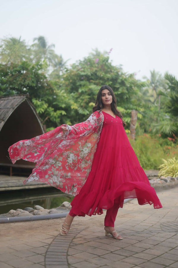 Jyoti Fashion Women's Pink Faux Blooming Butti Work Kurta with Trouser & Dupatta - Distacart