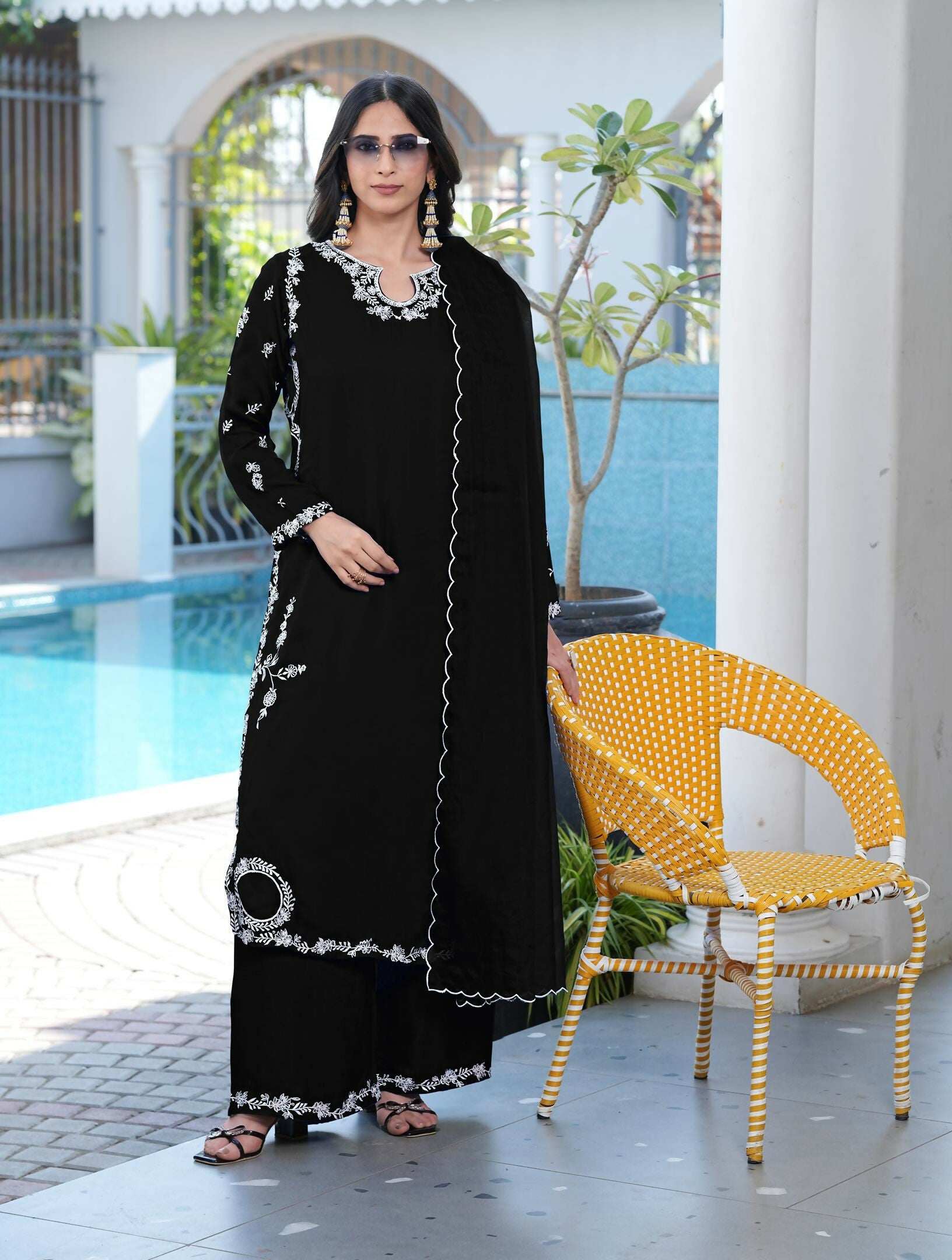 Nikhaar Black Embroidered Modal Silk Stitched Straight Cut Kurta Culottes Dupatta Readymade Suit - Dista