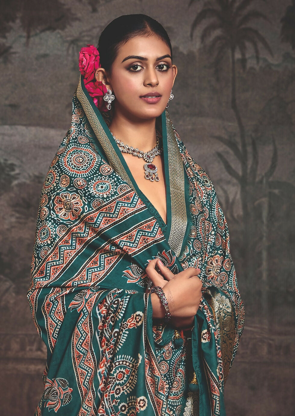 Joban Fashion Teal Green Art Silk With Fine Viscose Border Ajrak Full Body Print With Soft Finish Saree