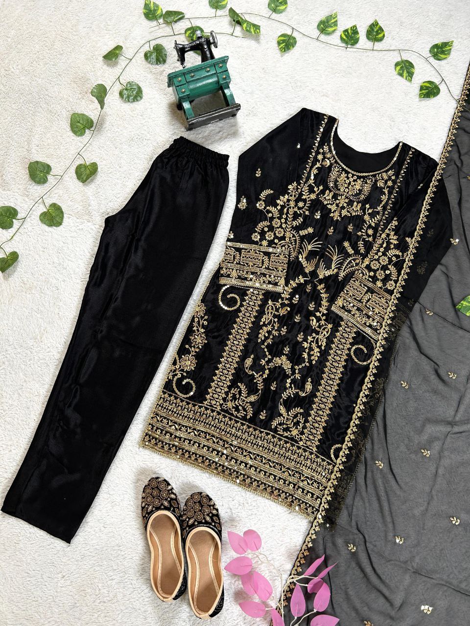 Prazu Fashion Black Chinon Silk Embroidered Salwar Suit