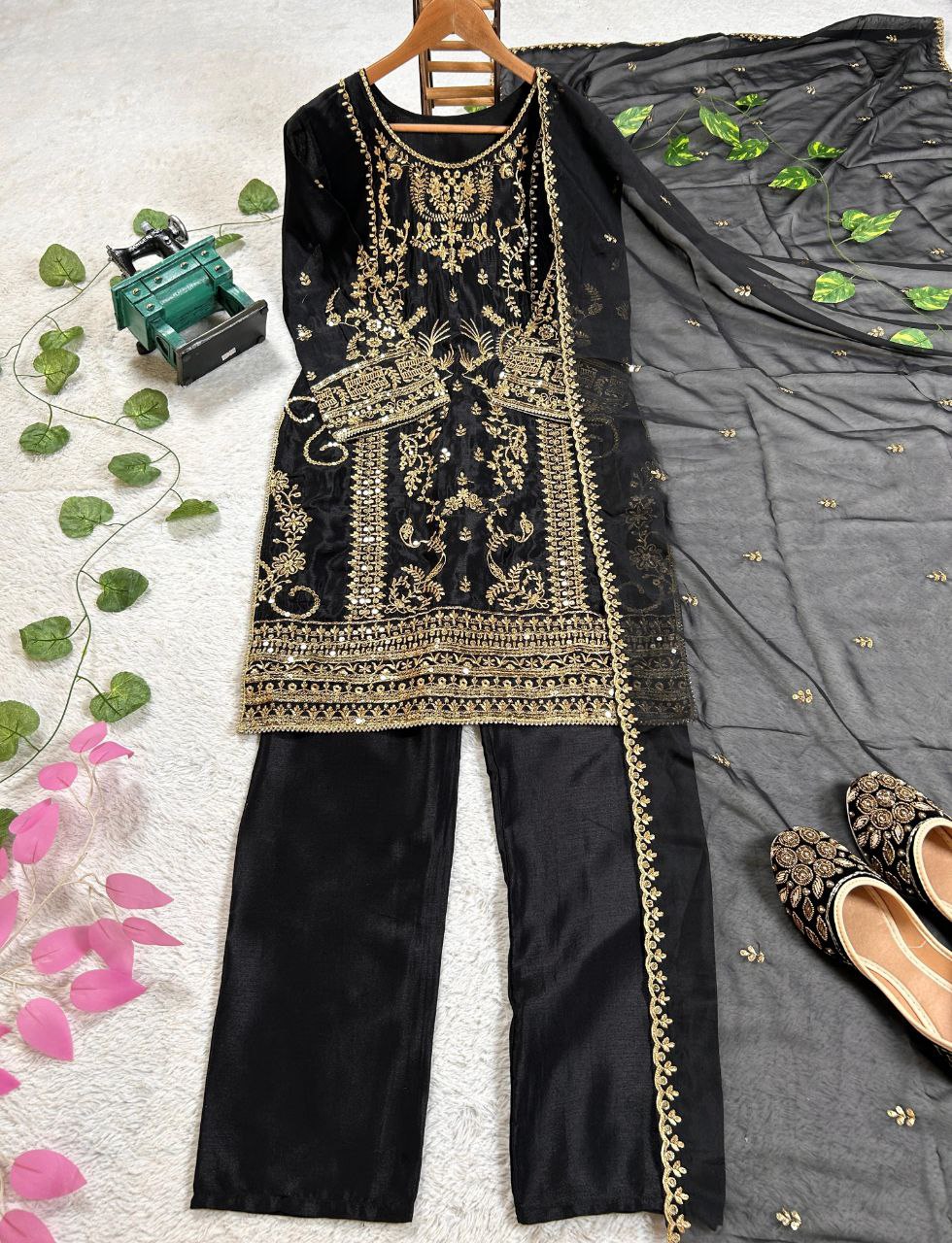 Prazu Fashion Black Chinon Silk Embroidered Salwar Suit