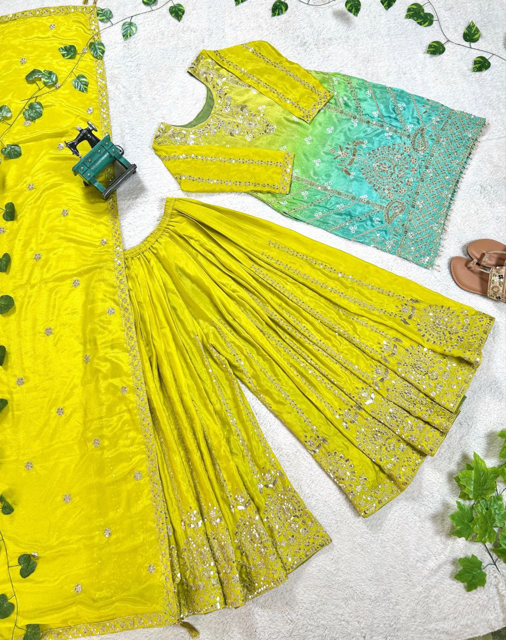 Prazu Fashion Parrot Green Chinon Silk Embroidered Sharara Suit