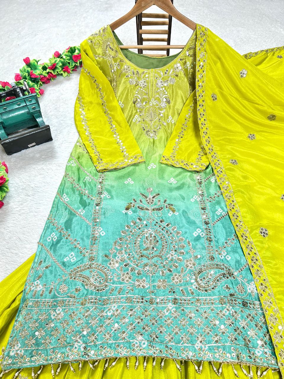 Prazu Fashion Parrot Green Chinon Silk Embroidered Sharara Suit