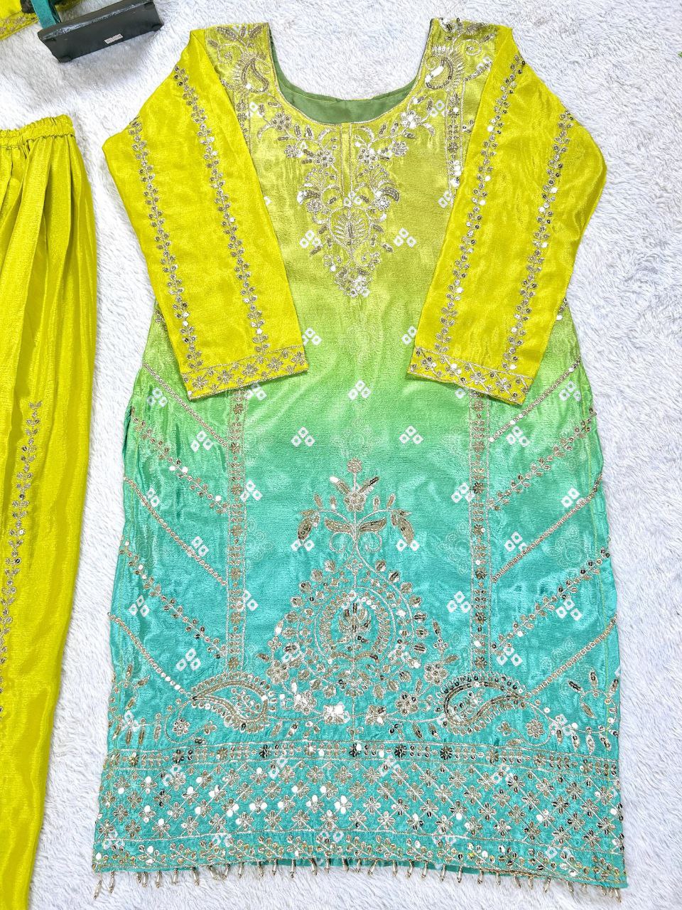 Prazu Fashion Parrot Green Chinon Silk Embroidered Sharara Suit