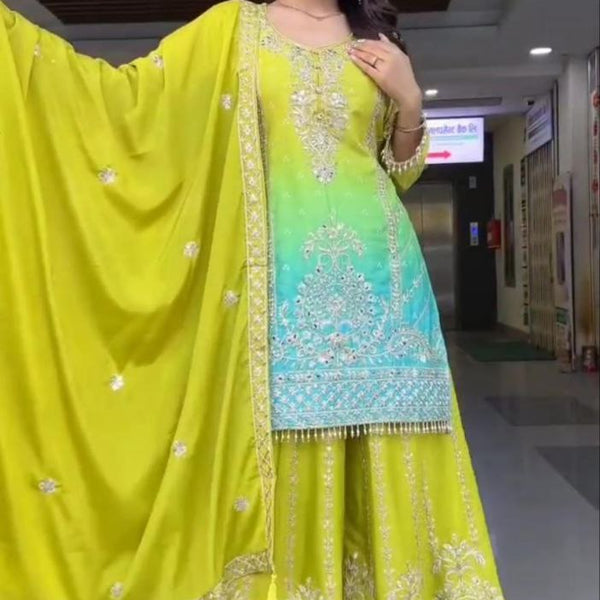 Prazu Fashion Parrot Green Chinon Silk Embroidered Sharara Suit