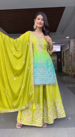 Thumbnail for Prazu Fashion Parrot Green Chinon Silk Embroidered Sharara Suit