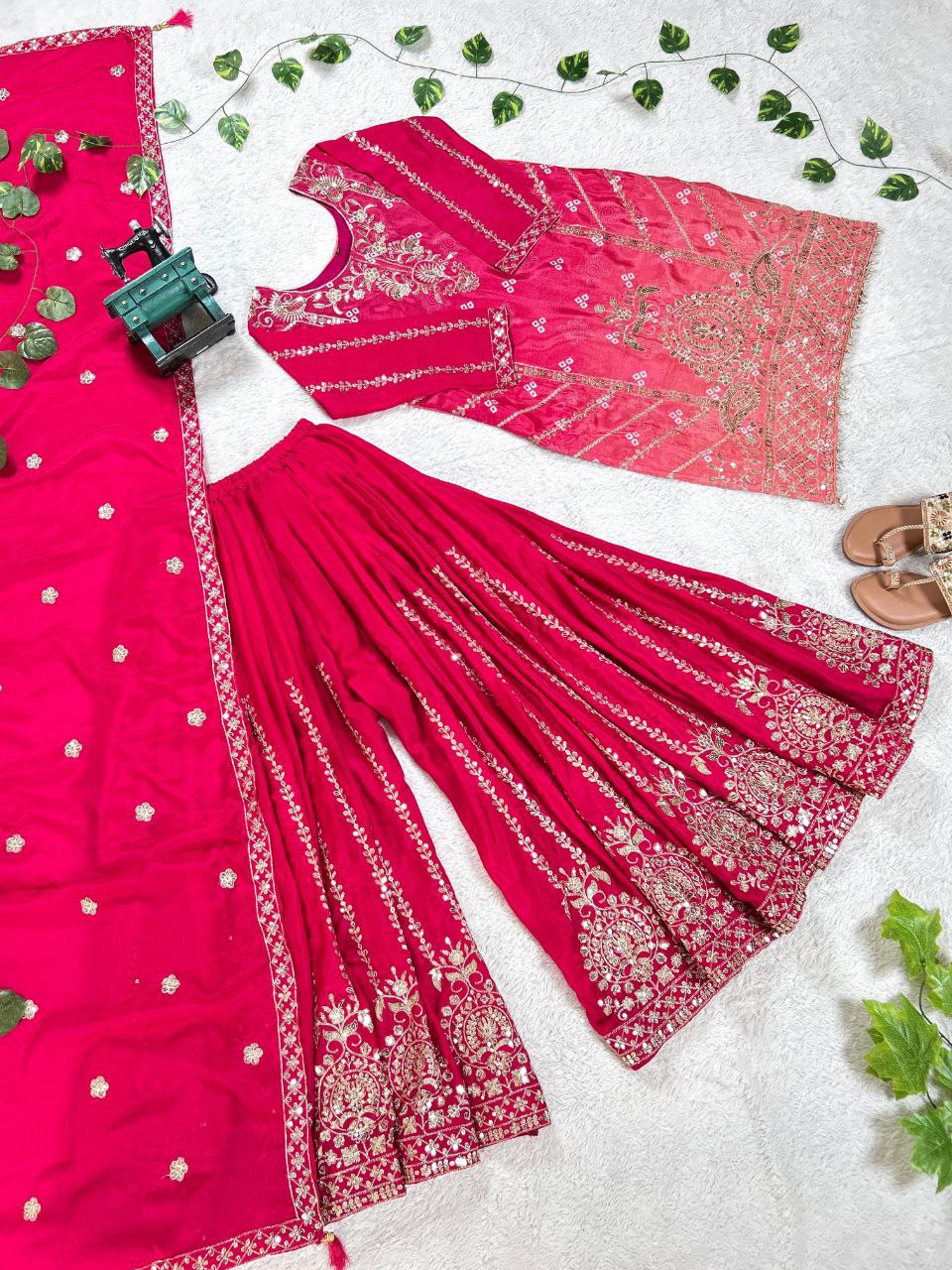 Prazu Fashion Pink Chinon Silk Embroidered Sharara Suit