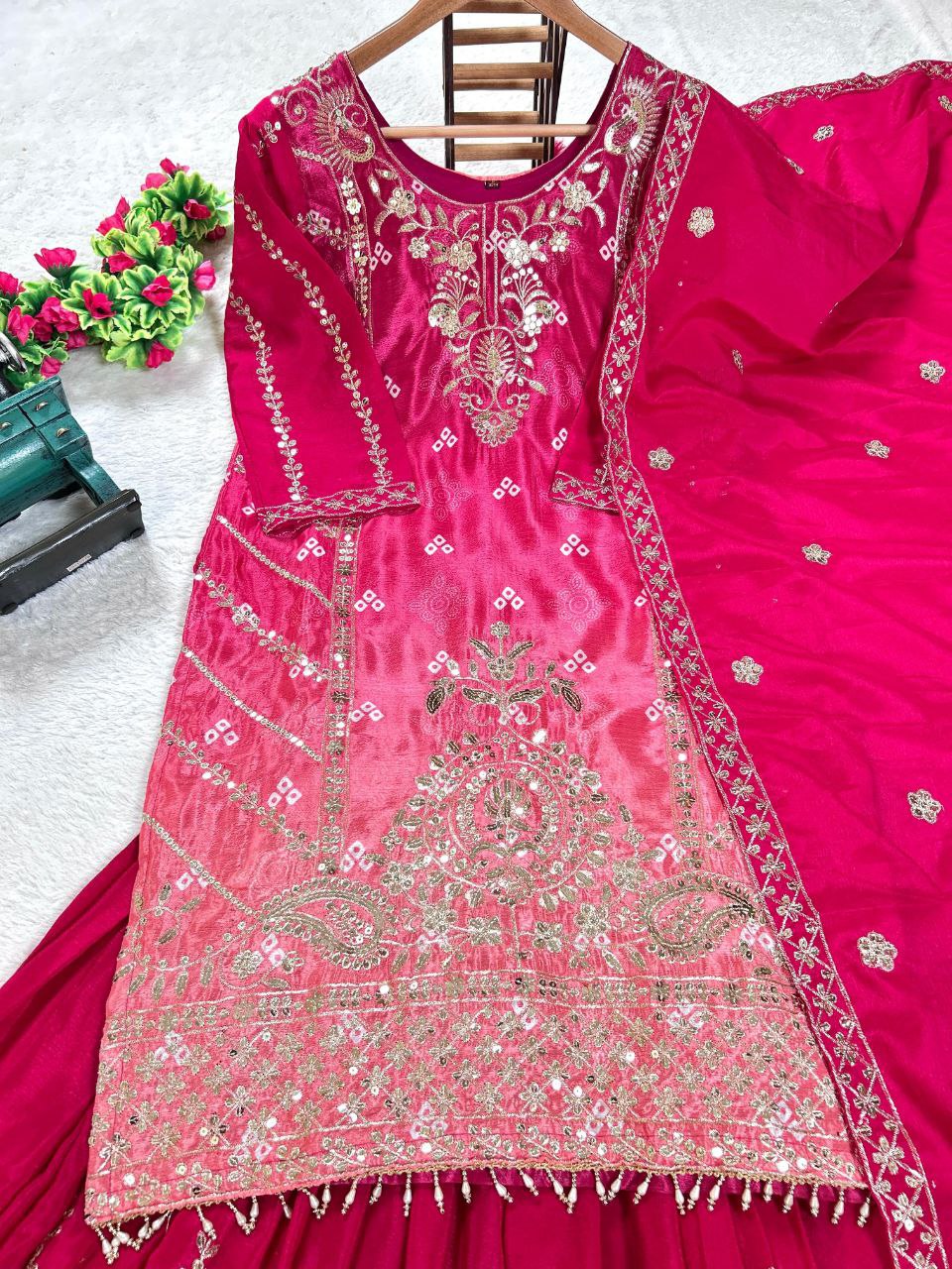 Prazu Fashion Pink Chinon Silk Embroidered Sharara Suit