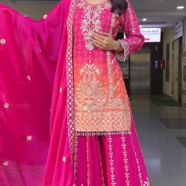 Prazu Fashion Pink Chinon Silk Embroidered Sharara Suit