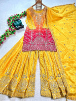 Thumbnail for Prazu Fashion Yellow Chinon Silk Embroidered Sharara Suit