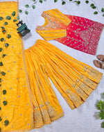 Thumbnail for Prazu Fashion Yellow Chinon Silk Embroidered Sharara Suit