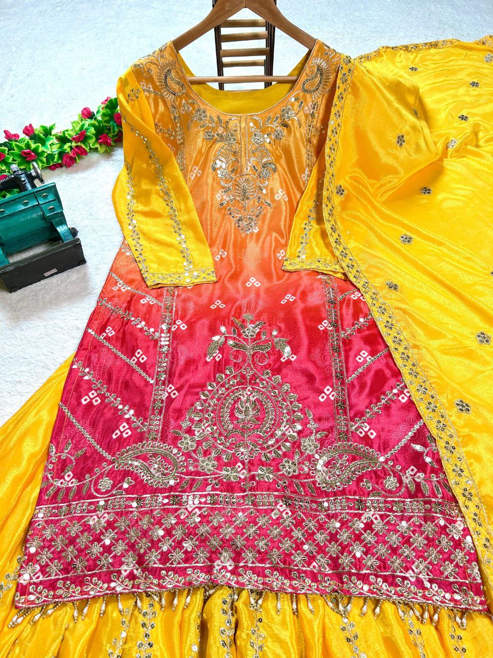 Prazu Fashion Yellow Chinon Silk Embroidered Sharara Suit