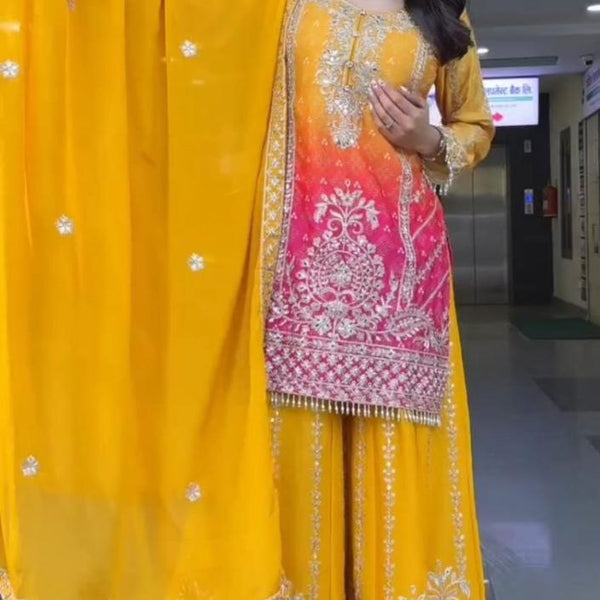 Prazu Fashion Yellow Chinon Silk Embroidered Sharara Suit