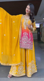 Thumbnail for Prazu Fashion Yellow Chinon Silk Embroidered Sharara Suit