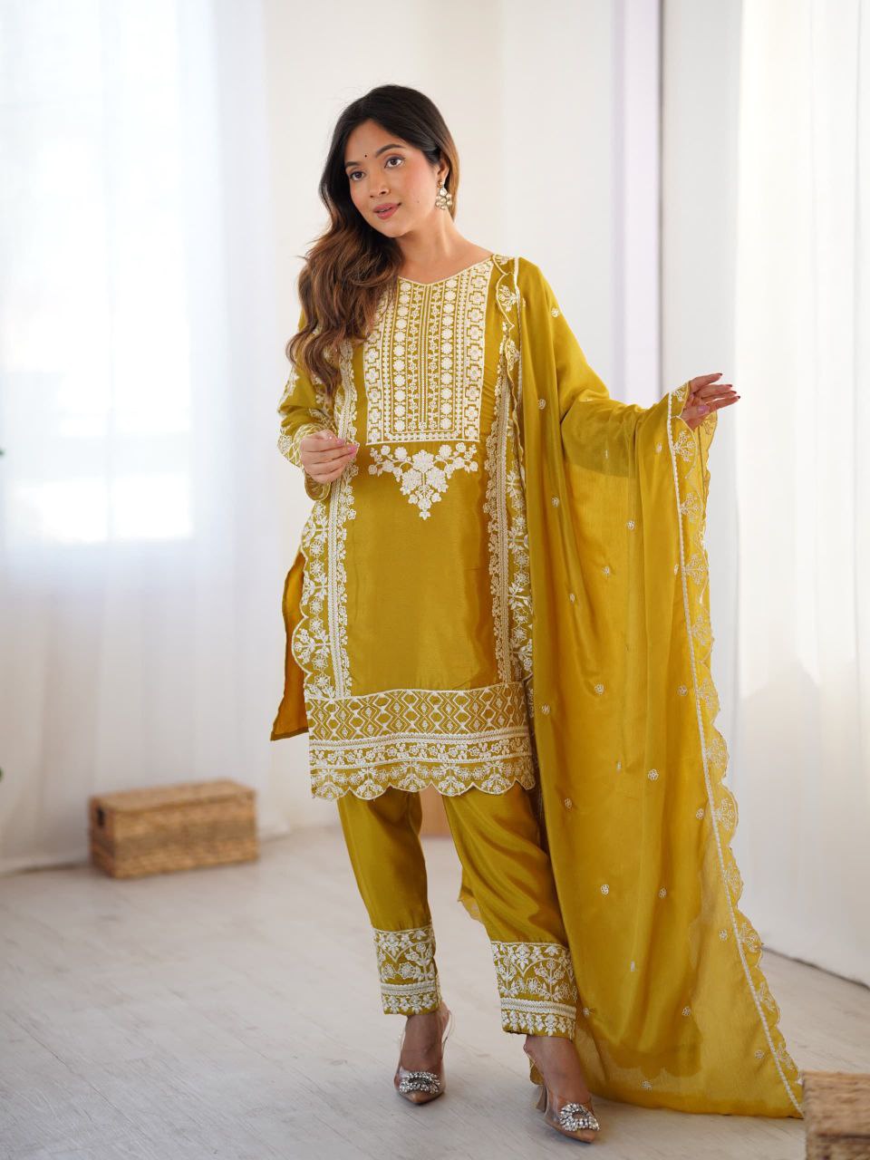 Prazu Fashion Yellow Chinon Silk Embroidered Salwar Suit